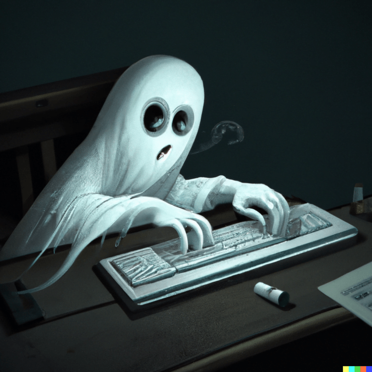DALL·E 2022 12 20 12.28.00 A animated ghost writing on a keyboard digital art