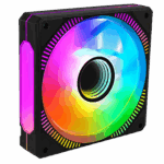 Ventilador negro para PC con aspas translúcidas e iluminación RGB multicolor brillante