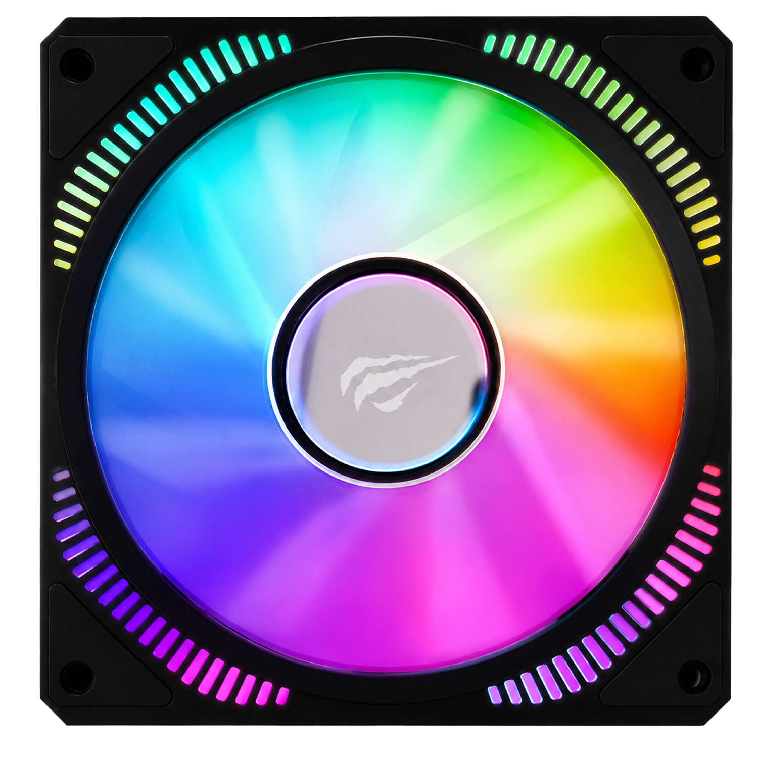 Ventilador negro para PC con aspas translúcidas e iluminación RGB multicolor brillante