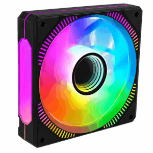 Ventilador negro para PC con aspas translúcidas e iluminación RGB multicolor brillante