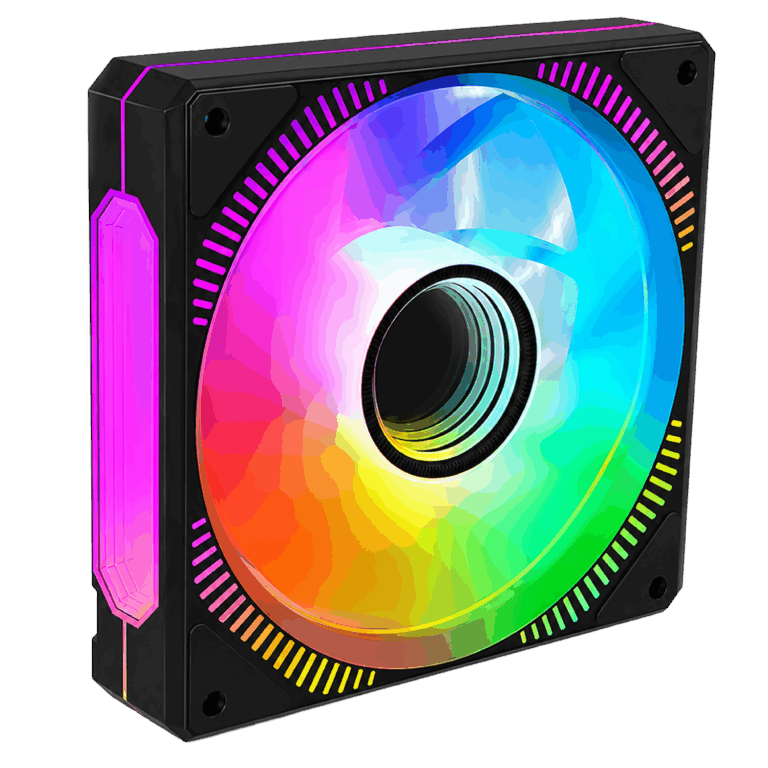 Ventilador negro para PC con aspas translúcidas e iluminación RGB multicolor brillante