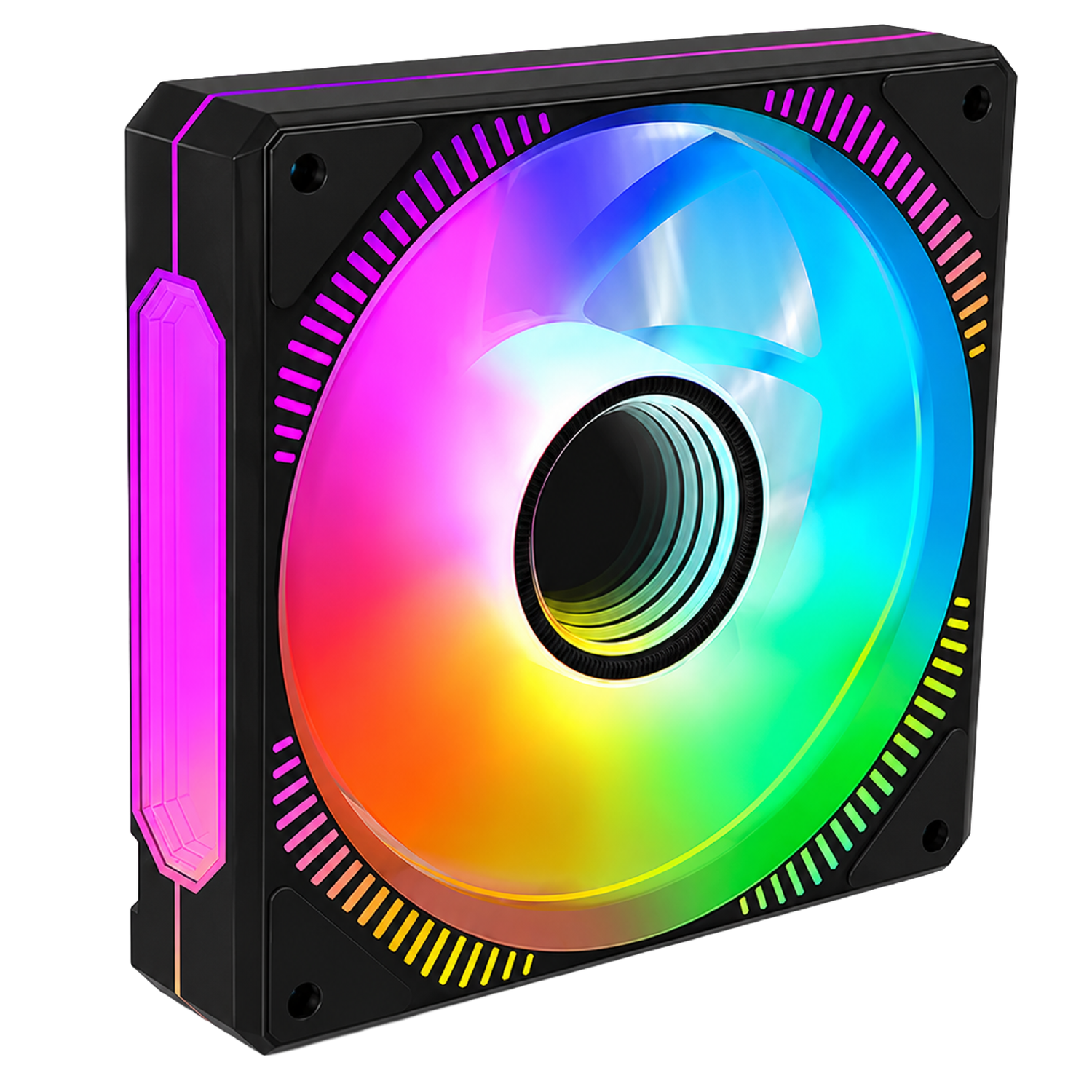 Ventilador negro para PC con aspas translúcidas e iluminación RGB multicolor brillante