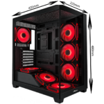 Gabinete para PC negro Fantech Aero II con frente de malla geométrica y ventiladores RGB encendidos.