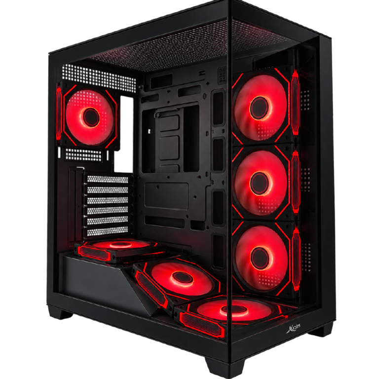 Gabinete de computadora negro con panel de vidrio templado e iluminación RGB en los ventiladores.