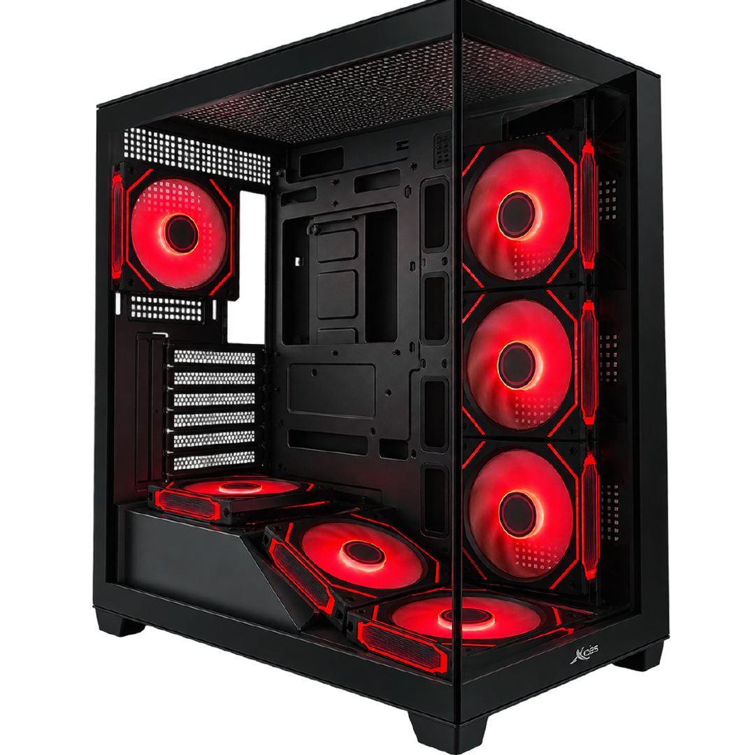 Gabinete de computadora negro con panel de vidrio templado e iluminación RGB en los ventiladores.