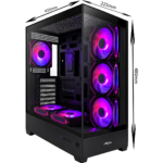 Gabinete para PC de formato media torre Fantech Aero II CG83 en color negro, con panel lateral de vidrio templado y frente de rejilla geométrica iluminado con tres ventiladores RGB.