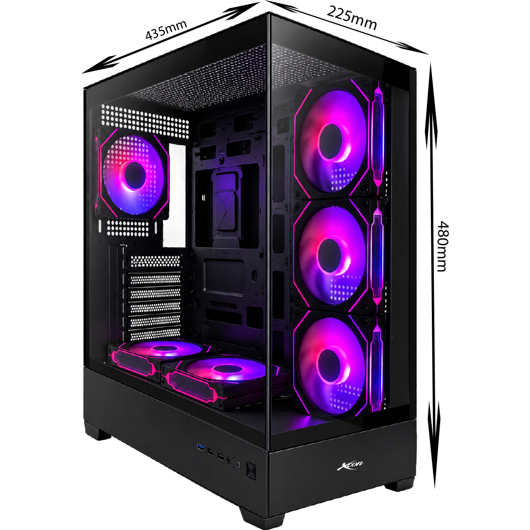 Gabinete para PC de formato media torre Fantech Aero II CG83 en color negro, con panel lateral de vidrio templado y frente de rejilla geométrica iluminado con tres ventiladores RGB.