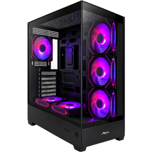 Vista en perspectiva de un gabinete gamer negro marca Fantech con cuatro ventiladores con iluminación arcoíris y rejilla frontal con relieve geométrico. Flechas negras indican las medidas físicas del chasis en milímetros.