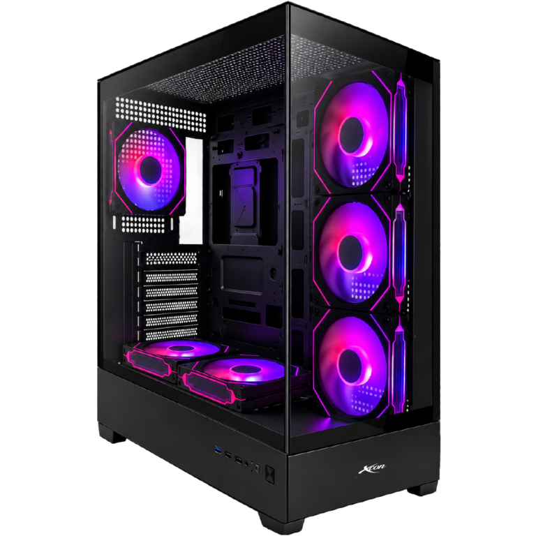 Vista en perspectiva de un gabinete gamer negro marca Fantech con cuatro ventiladores con iluminación arcoíris y rejilla frontal con relieve geométrico. Flechas negras indican las medidas físicas del chasis en milímetros.