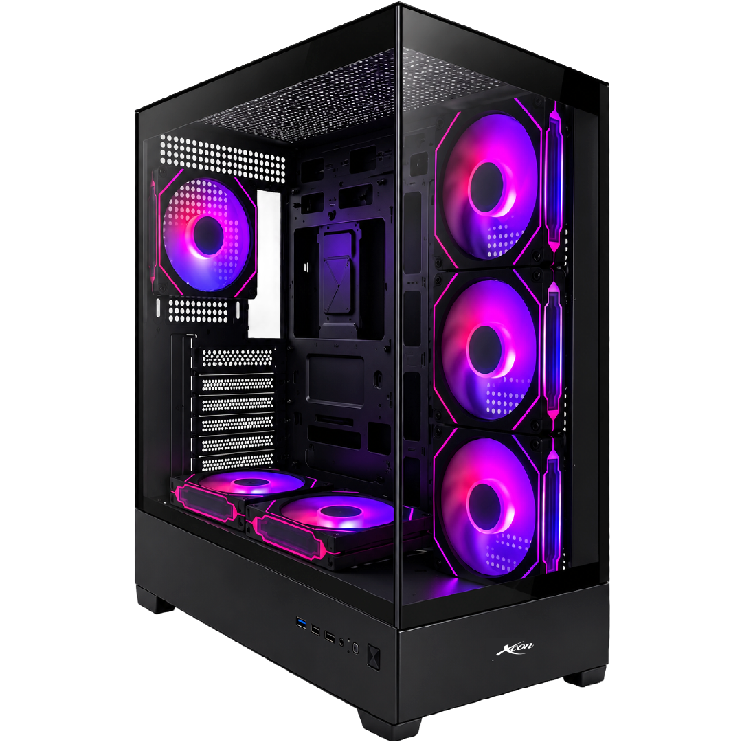 Vista en perspectiva de un gabinete gamer negro marca Fantech con cuatro ventiladores con iluminación arcoíris y rejilla frontal con relieve geométrico. Flechas negras indican las medidas físicas del chasis en milímetros.