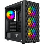 Gabinete para PC de formato media torre Fantech Aero II CG83 en color negro, con panel lateral de vidrio templado y frente de rejilla geométrica iluminado con tres ventiladores RGB.