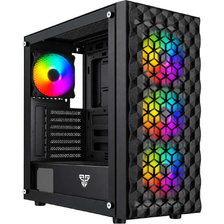 Gabinete para PC de formato media torre Fantech Aero II CG83 en color negro, con panel lateral de vidrio templado y frente de rejilla geométrica iluminado con tres ventiladores RGB.
