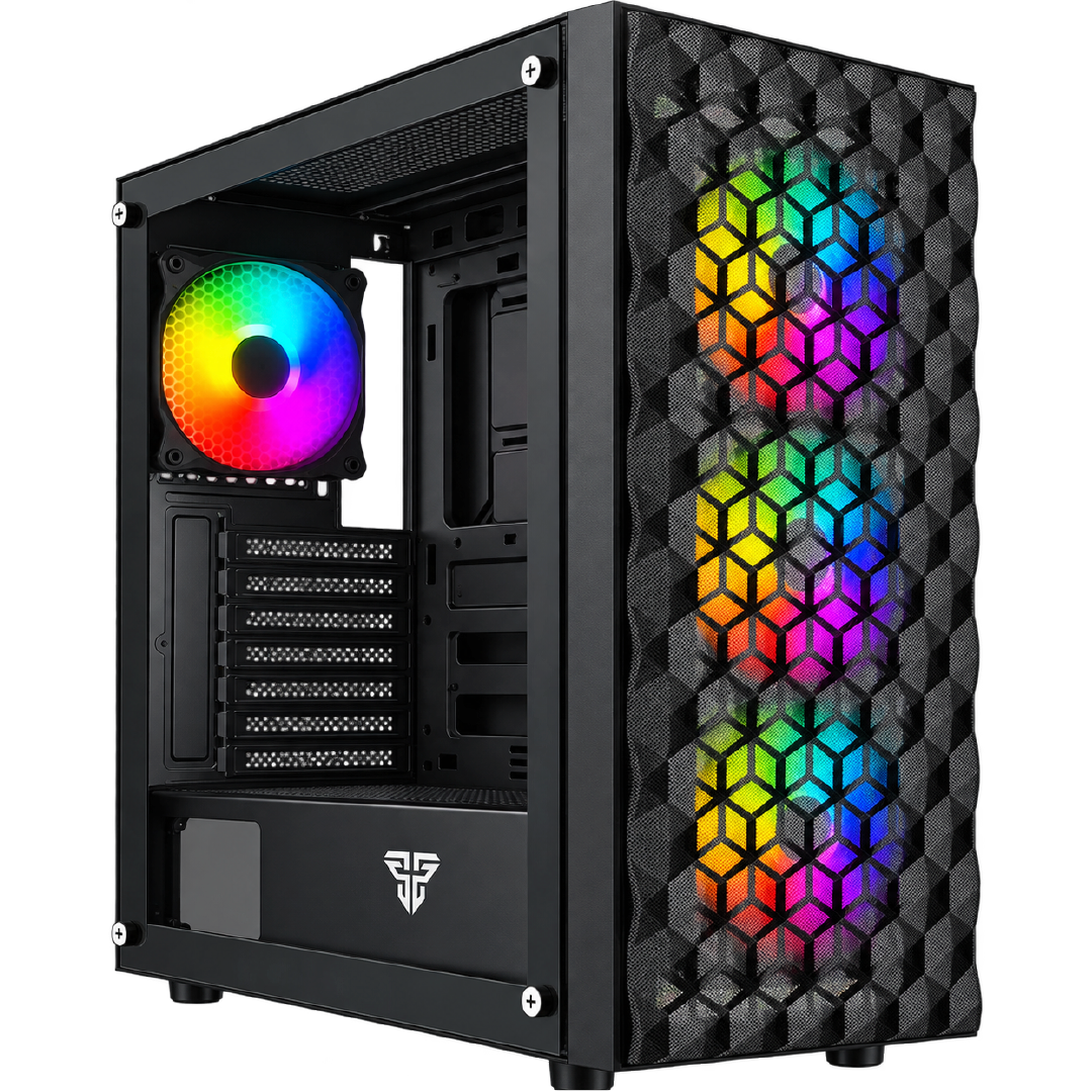 Gabinete para PC de formato media torre Fantech Aero II CG83 en color negro, con panel lateral de vidrio templado y frente de rejilla geométrica iluminado con tres ventiladores RGB.